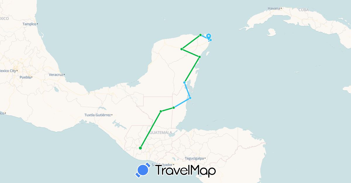 TravelMap itinerary: bus, boat in Belize, Guatemala, Mexico (North America)